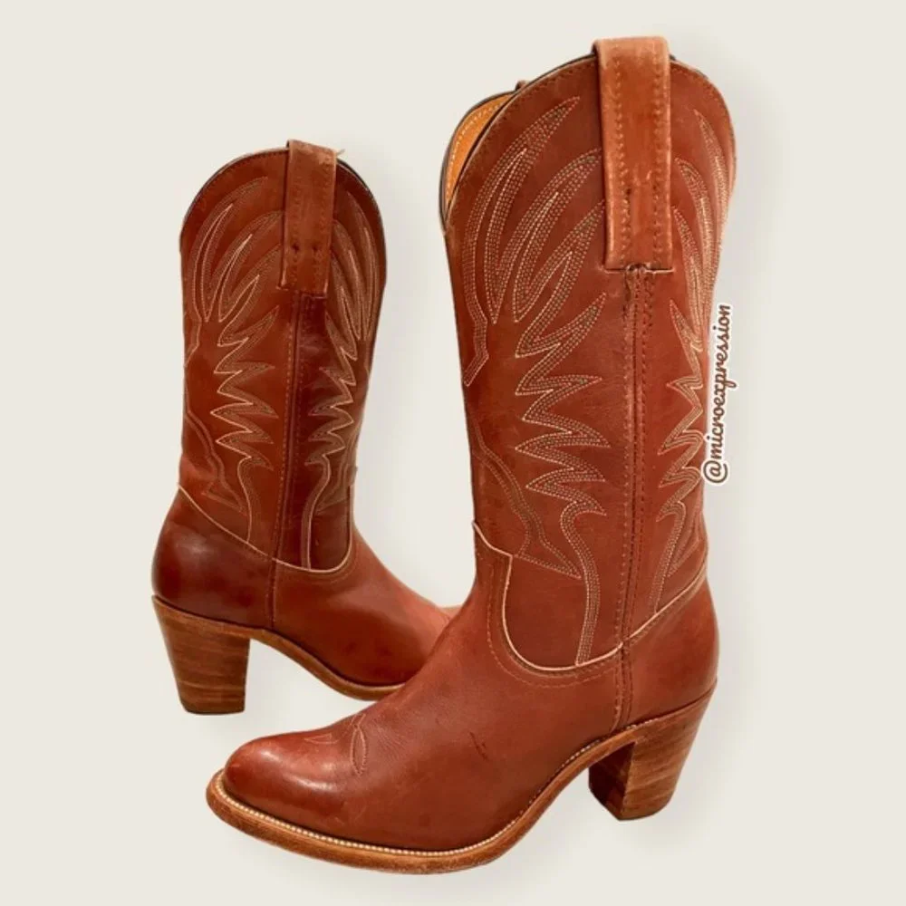 1990s VINTAGE Frye Billy Pull-On Cognac Leather Embroidered Festival Cowboy Boot